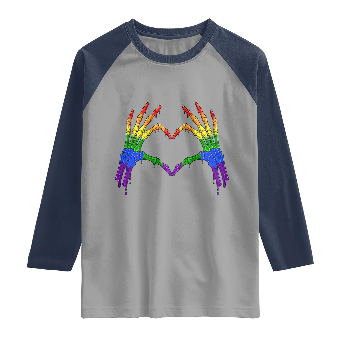 Rainbow Skeleton Heart Hands Raglan Shirt LGBTQ Pride Support Graphic