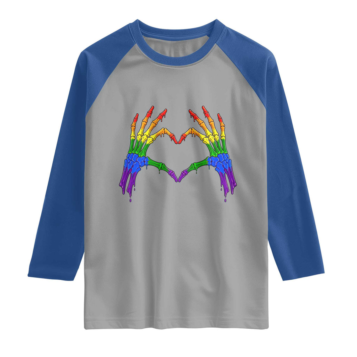 Rainbow Skeleton Heart Hands Raglan Shirt LGBTQ Pride Support Graphic