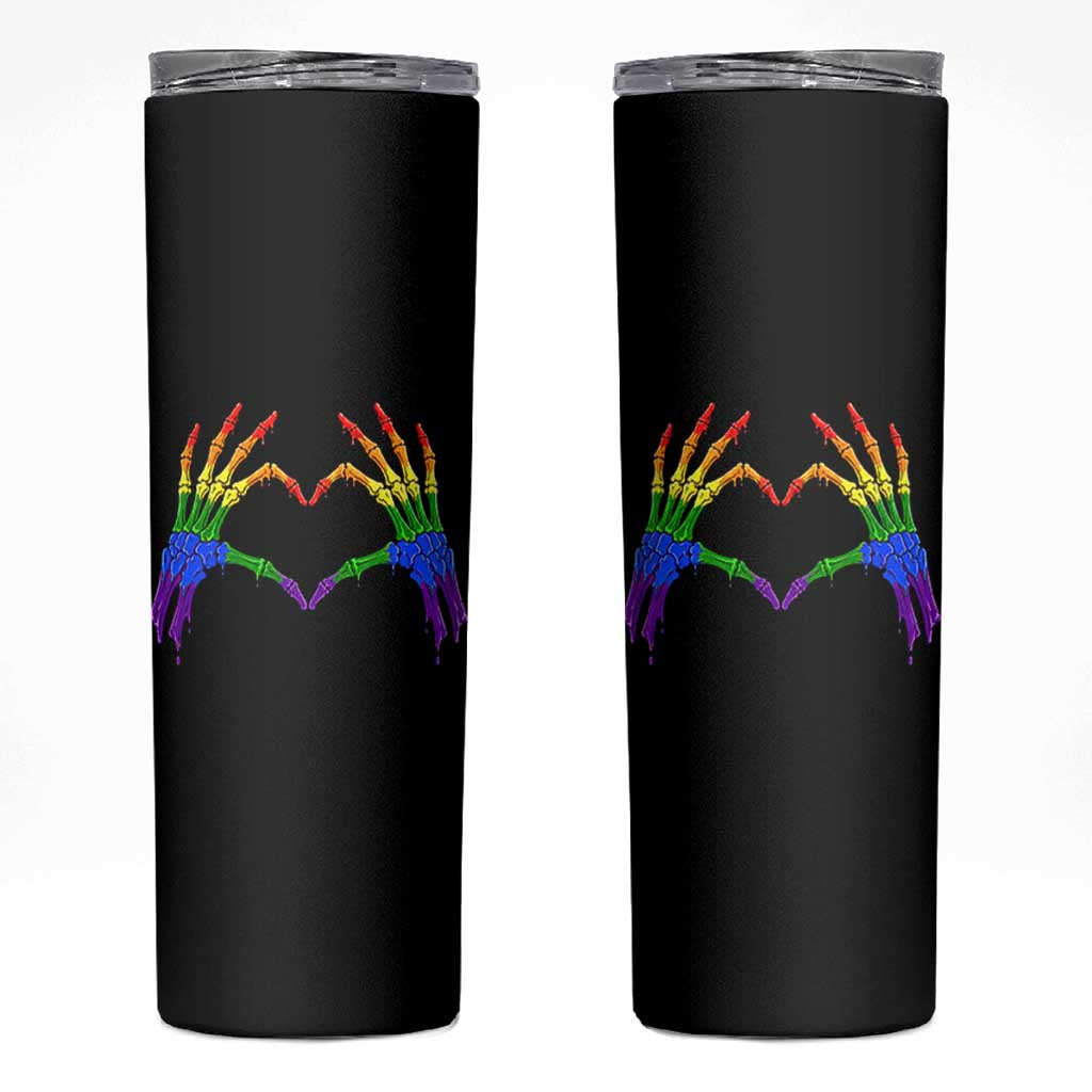 Rainbow Skeleton Heart Hands Skinny Tumbler LGBTQ Pride Support Graphic