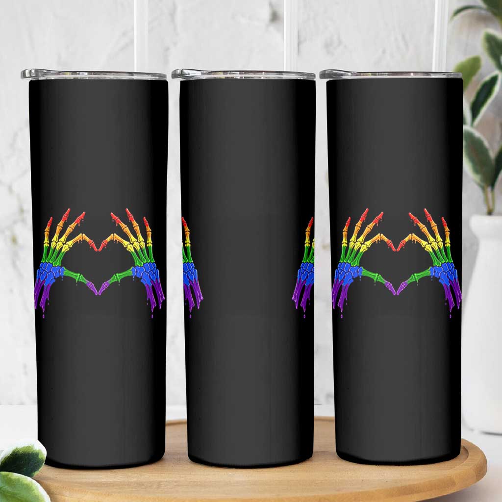 Rainbow Skeleton Heart Hands Skinny Tumbler LGBTQ Pride Support Graphic