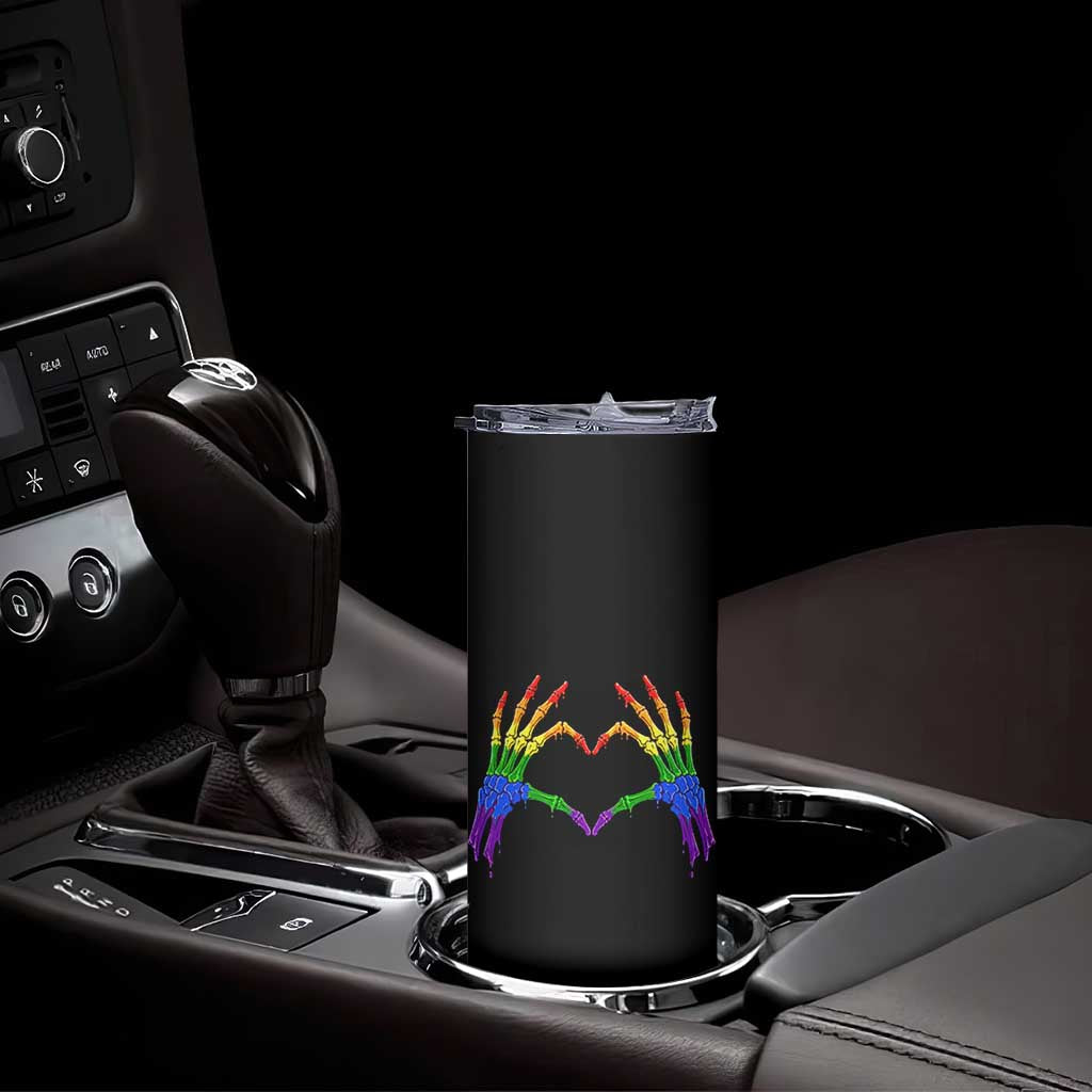 Rainbow Skeleton Heart Hands Skinny Tumbler LGBTQ Pride Support Graphic
