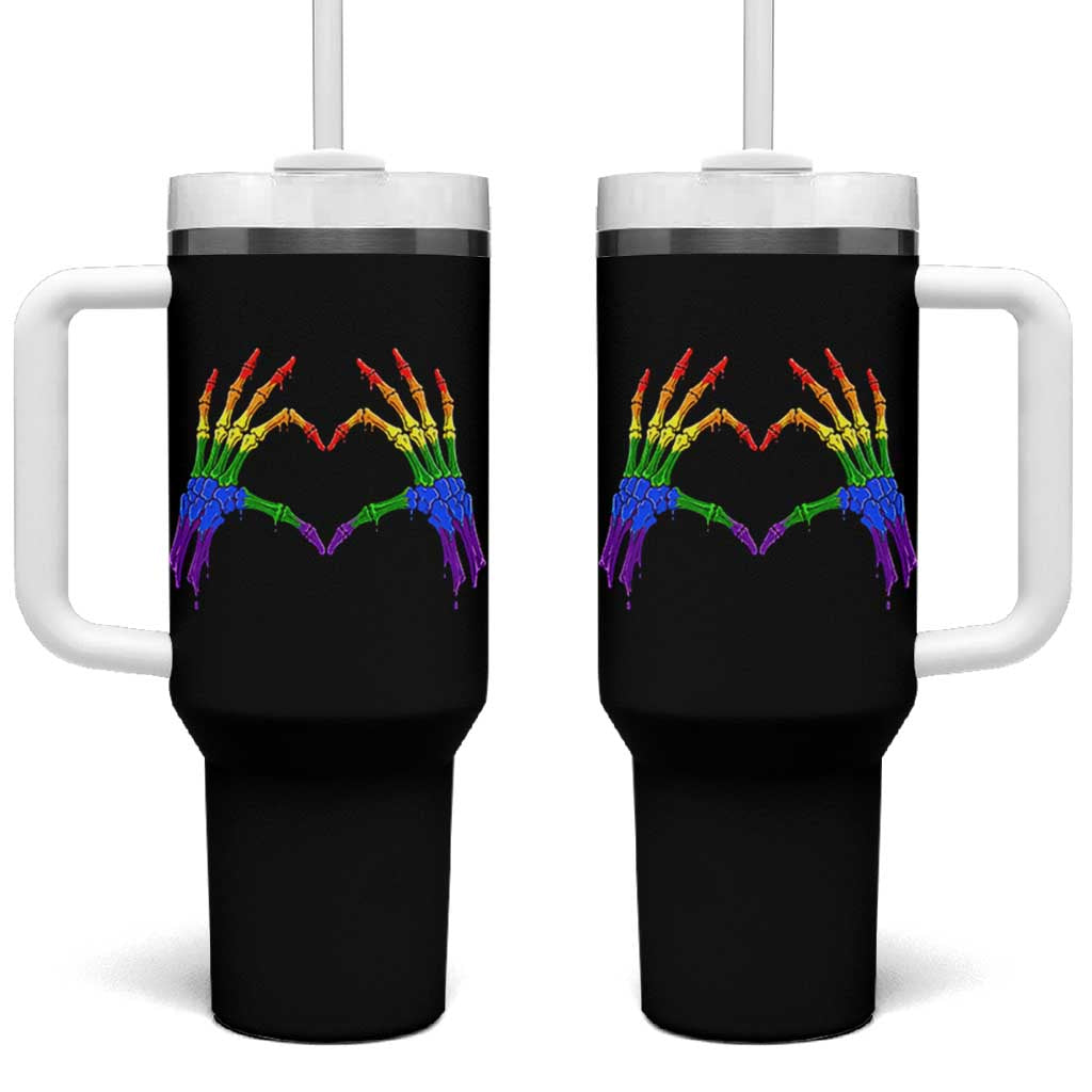 Rainbow Skeleton Heart Hands Tumbler With Handle LGBTQ Pride Support Graphic