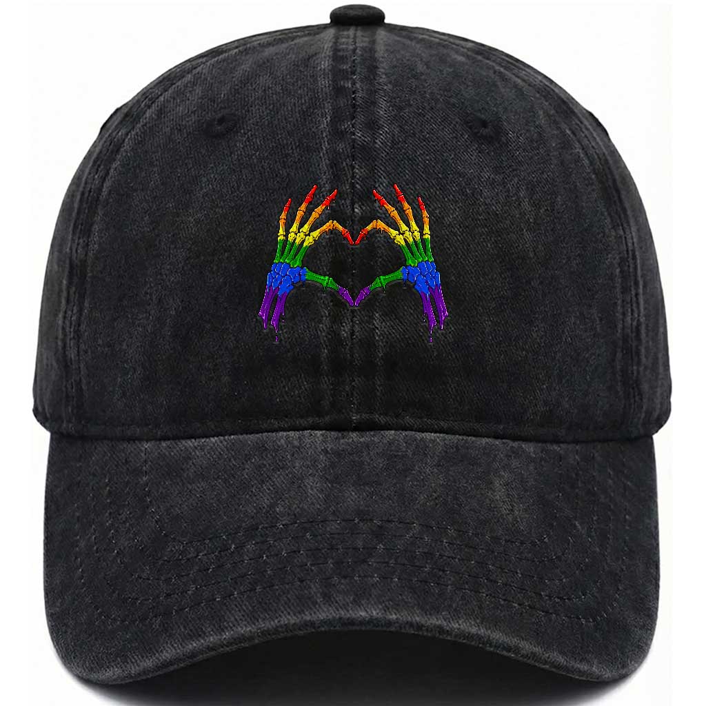 Rainbow Skeleton Heart Hands Washed Cotton Baseball Cap LGBTQ Pride Support Graphic