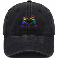 Rainbow Skeleton Heart Hands Washed Cotton Baseball Cap LGBTQ Pride Support Graphic