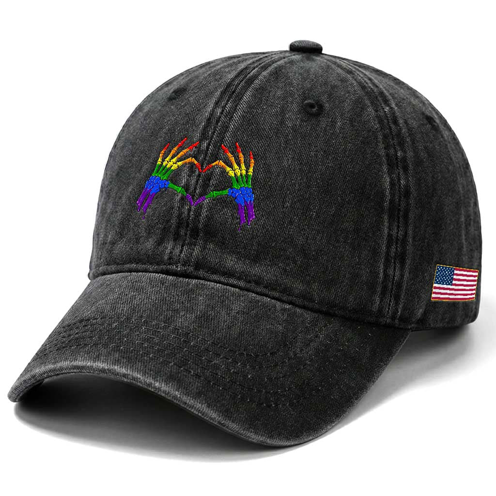 Rainbow Skeleton Heart Hands Washed Cotton Baseball Cap LGBTQ Pride Support Graphic