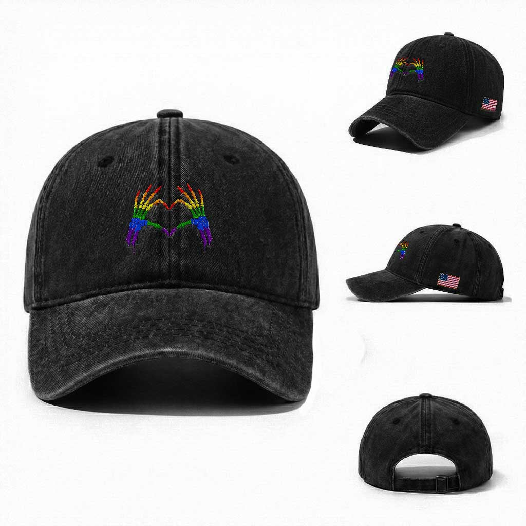 Rainbow Skeleton Heart Hands Washed Cotton Baseball Cap LGBTQ Pride Support Graphic