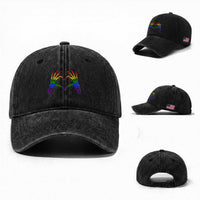 Rainbow Skeleton Heart Hands Washed Cotton Baseball Cap LGBTQ Pride Support Graphic