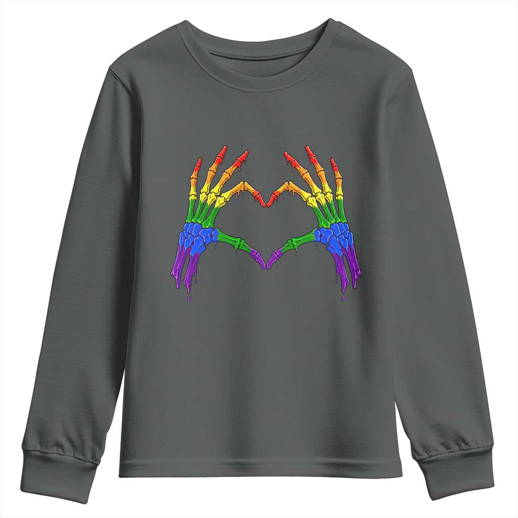Rainbow Skeleton Heart Hands Youth Sweatshirt LGBTQ Pride Support Graphic