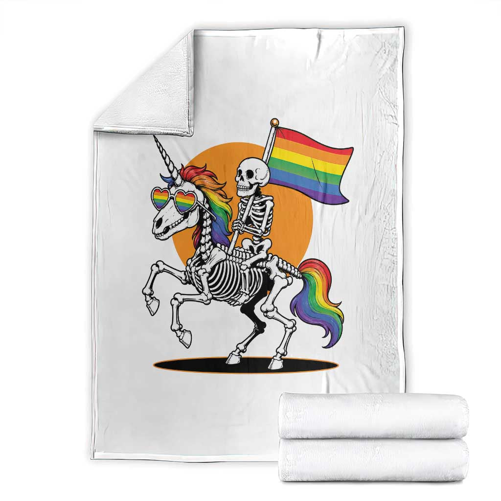 Funny Skeleton Riding Unicorn LGBTQ Pride Throw Blanket Rainbow Fantasy Graphic