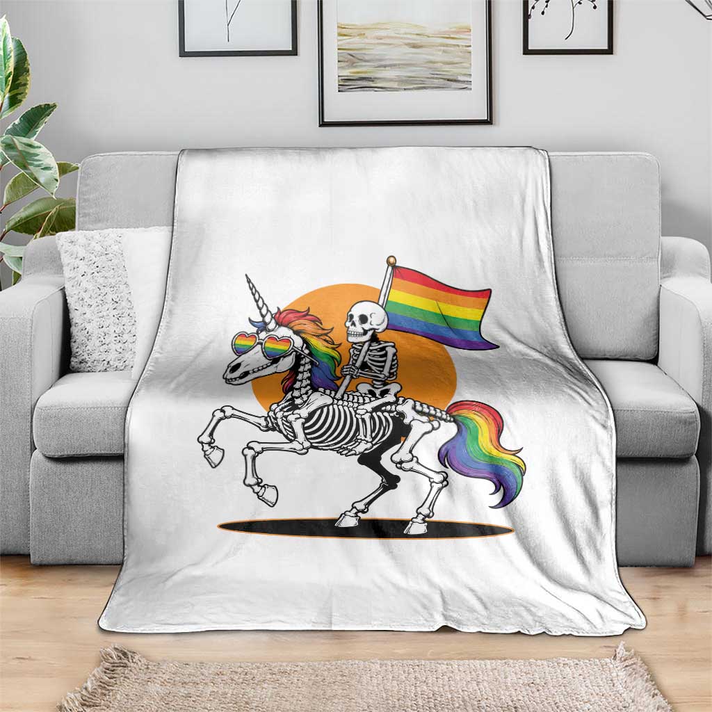 Funny Skeleton Riding Unicorn LGBTQ Pride Throw Blanket Rainbow Fantasy Graphic