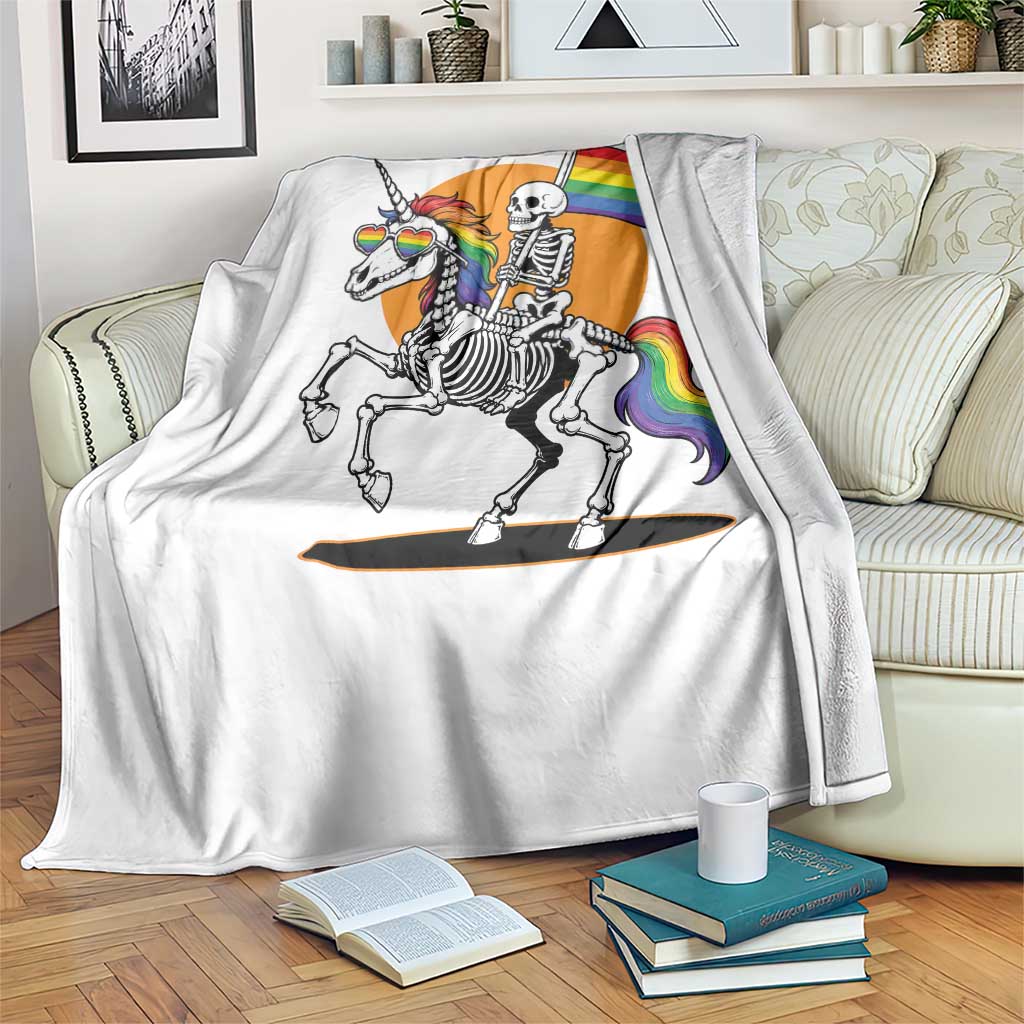 Funny Skeleton Riding Unicorn LGBTQ Pride Throw Blanket Rainbow Fantasy Graphic