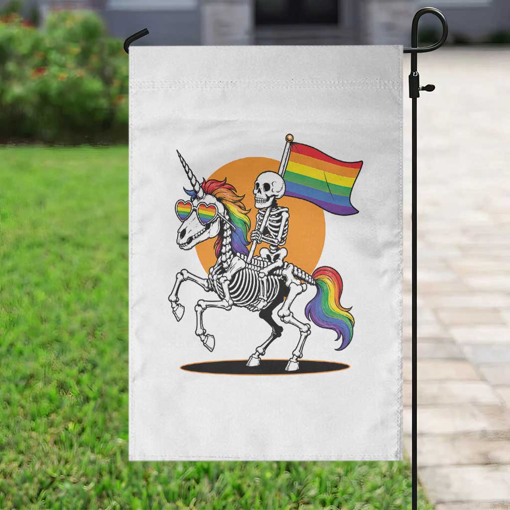 Funny Skeleton Riding Unicorn LGBTQ Pride Garden Flag Rainbow Fantasy Graphic
