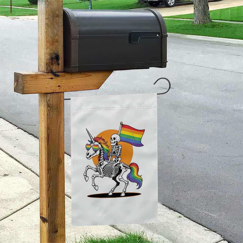 Funny Skeleton Riding Unicorn LGBTQ Pride Garden Flag Rainbow Fantasy Graphic
