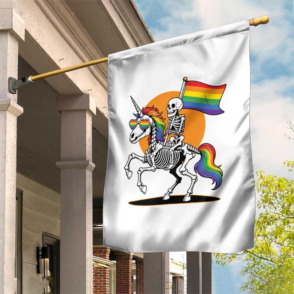 Funny Skeleton Riding Unicorn LGBTQ Pride Garden Flag Rainbow Fantasy Graphic