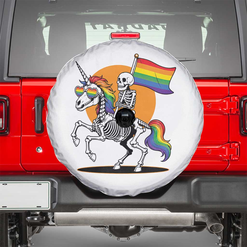 Funny Skeleton Riding Unicorn LGBTQ Pride Spare Tire Cover Rainbow Fantasy Graphic