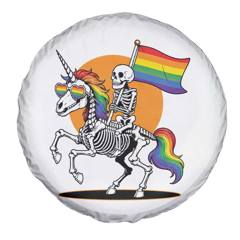 Funny Skeleton Riding Unicorn LGBTQ Pride Spare Tire Cover Rainbow Fantasy Graphic