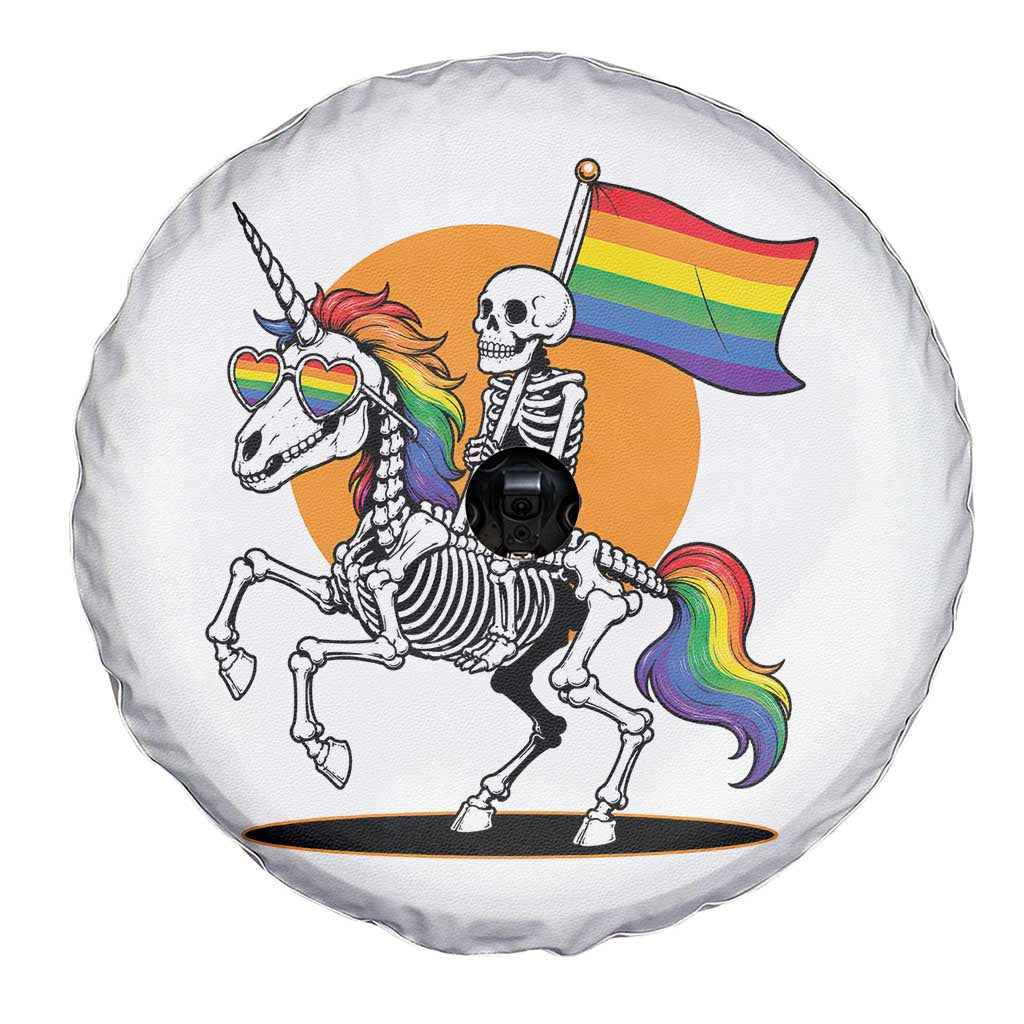 Funny Skeleton Riding Unicorn LGBTQ Pride Spare Tire Cover Rainbow Fantasy Graphic