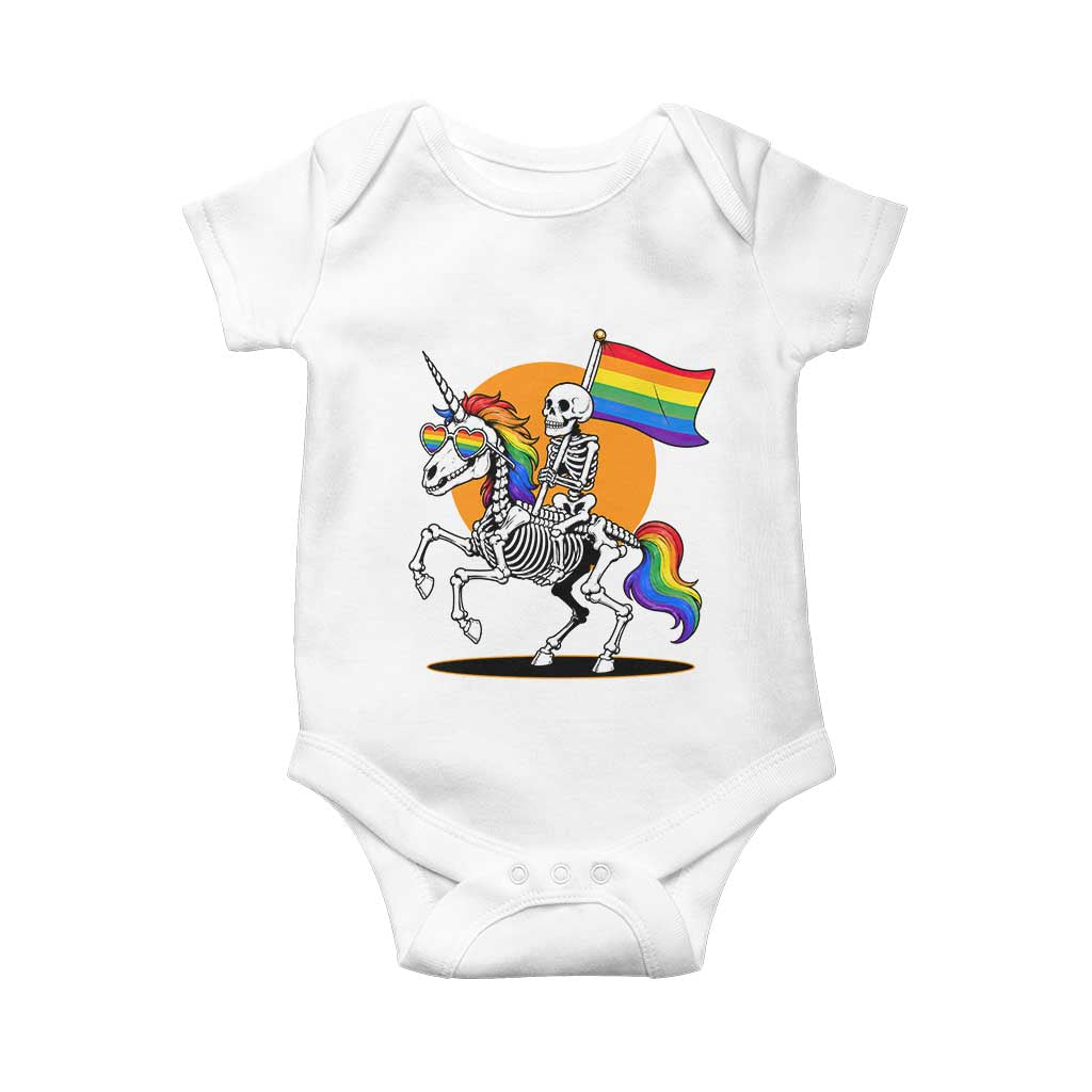 Funny Skeleton Riding Unicorn LGBTQ Pride Baby Onesie Rainbow Fantasy Graphic
