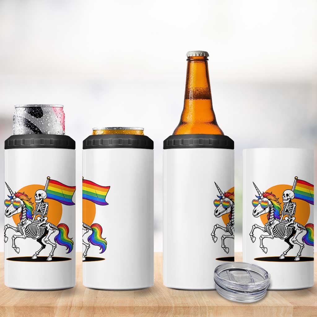 Funny Skeleton Riding Unicorn LGBTQ Pride 4 in 1 Can Cooler Tumbler Rainbow Fantasy Graphic