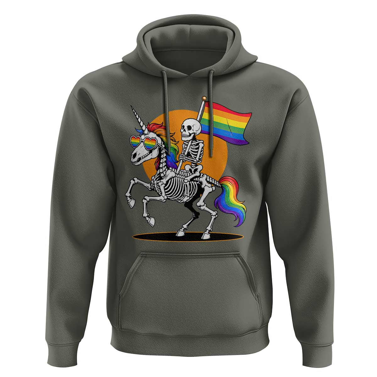 Funny Skeleton Riding Unicorn LGBTQ Pride Hoodie Rainbow Fantasy Graphic