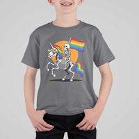 Funny Skeleton Riding Unicorn LGBTQ Pride T Shirt For Kid Rainbow Fantasy Graphic