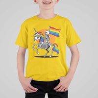 Funny Skeleton Riding Unicorn LGBTQ Pride T Shirt For Kid Rainbow Fantasy Graphic