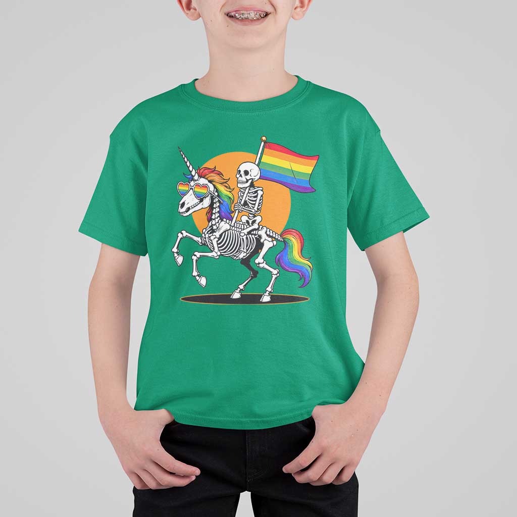 Funny Skeleton Riding Unicorn LGBTQ Pride T Shirt For Kid Rainbow Fantasy Graphic