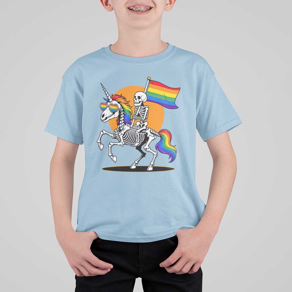 Funny Skeleton Riding Unicorn LGBTQ Pride T Shirt For Kid Rainbow Fantasy Graphic