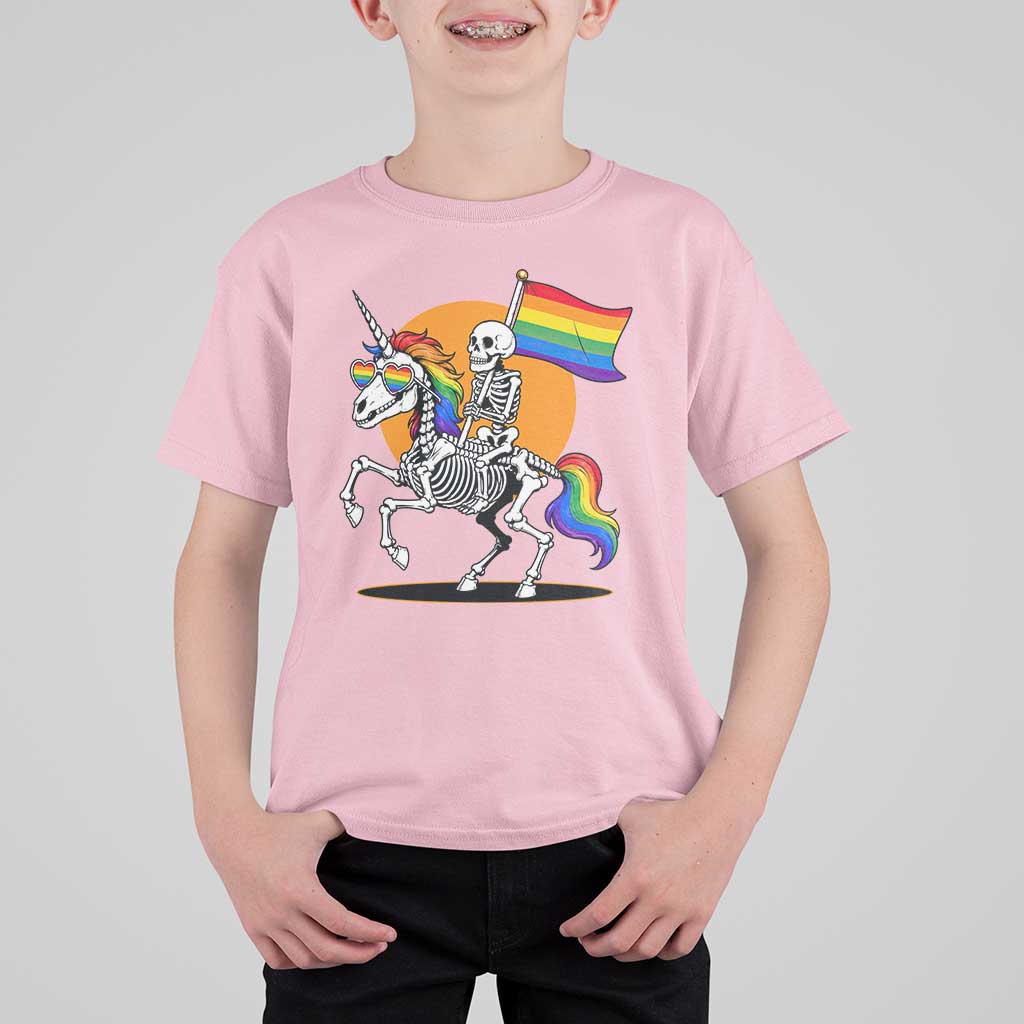 Funny Skeleton Riding Unicorn LGBTQ Pride T Shirt For Kid Rainbow Fantasy Graphic