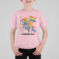 Funny Skeleton Riding Unicorn LGBTQ Pride T Shirt For Kid Rainbow Fantasy Graphic