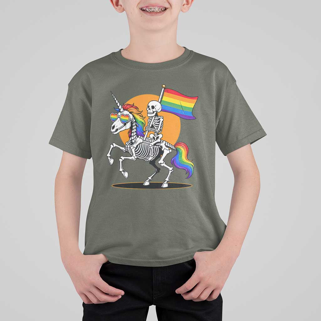Funny Skeleton Riding Unicorn LGBTQ Pride T Shirt For Kid Rainbow Fantasy Graphic