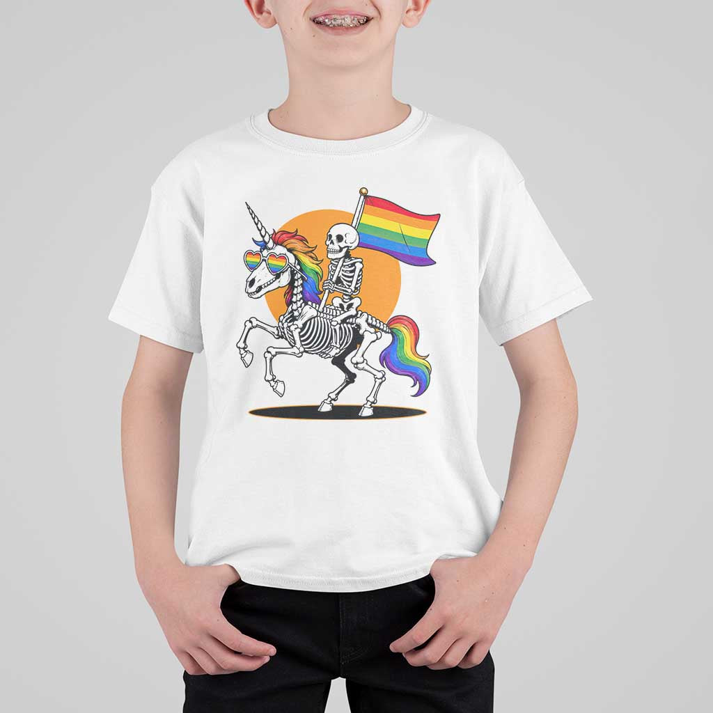 Funny Skeleton Riding Unicorn LGBTQ Pride T Shirt For Kid Rainbow Fantasy Graphic