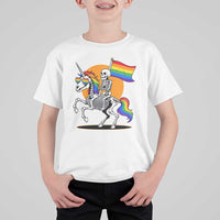 Funny Skeleton Riding Unicorn LGBTQ Pride T Shirt For Kid Rainbow Fantasy Graphic