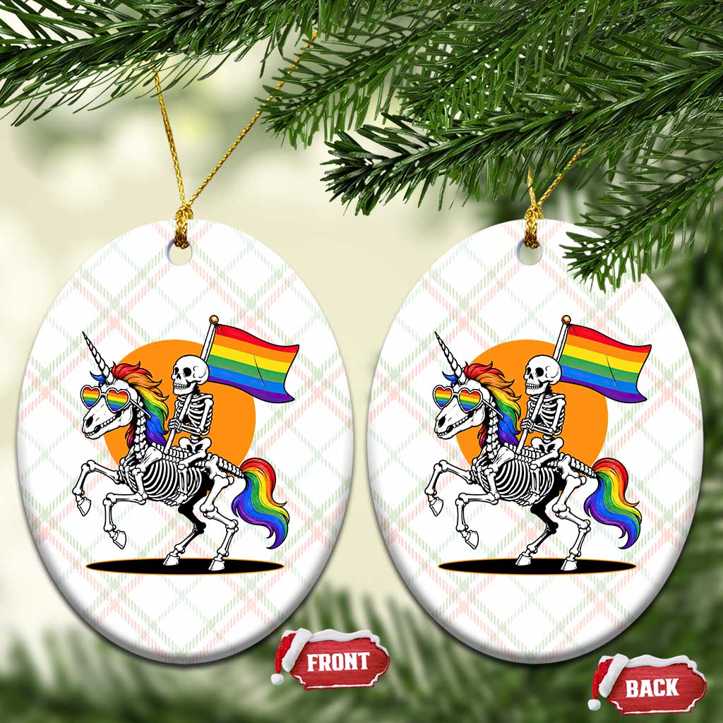 Funny Skeleton Riding Unicorn LGBTQ Pride Ceramic Ornament Rainbow Fantasy Graphic