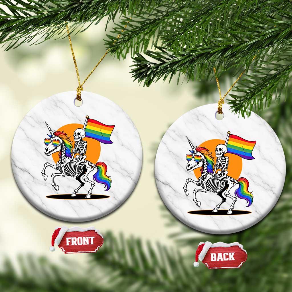 Funny Skeleton Riding Unicorn LGBTQ Pride Ceramic Ornament Rainbow Fantasy Graphic