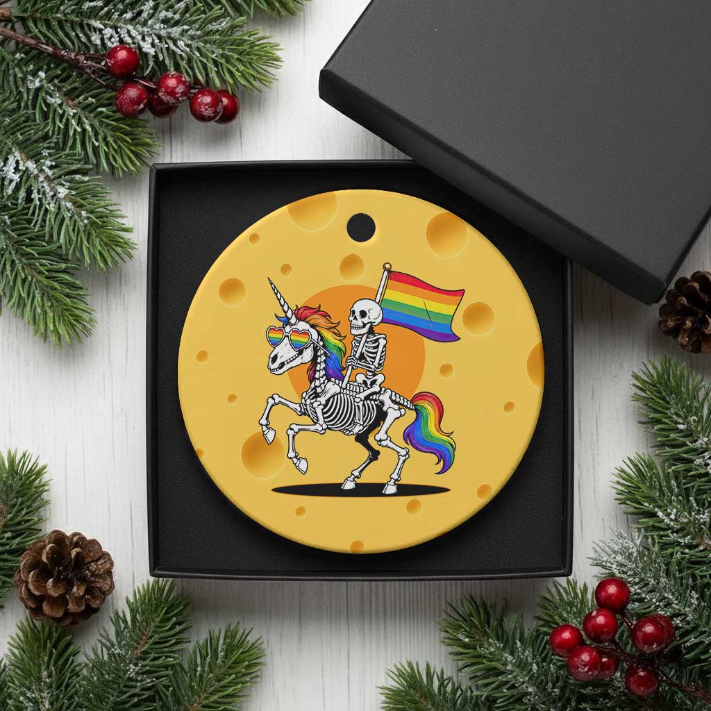 Funny Skeleton Riding Unicorn LGBTQ Pride Ceramic Ornament Rainbow Fantasy Graphic