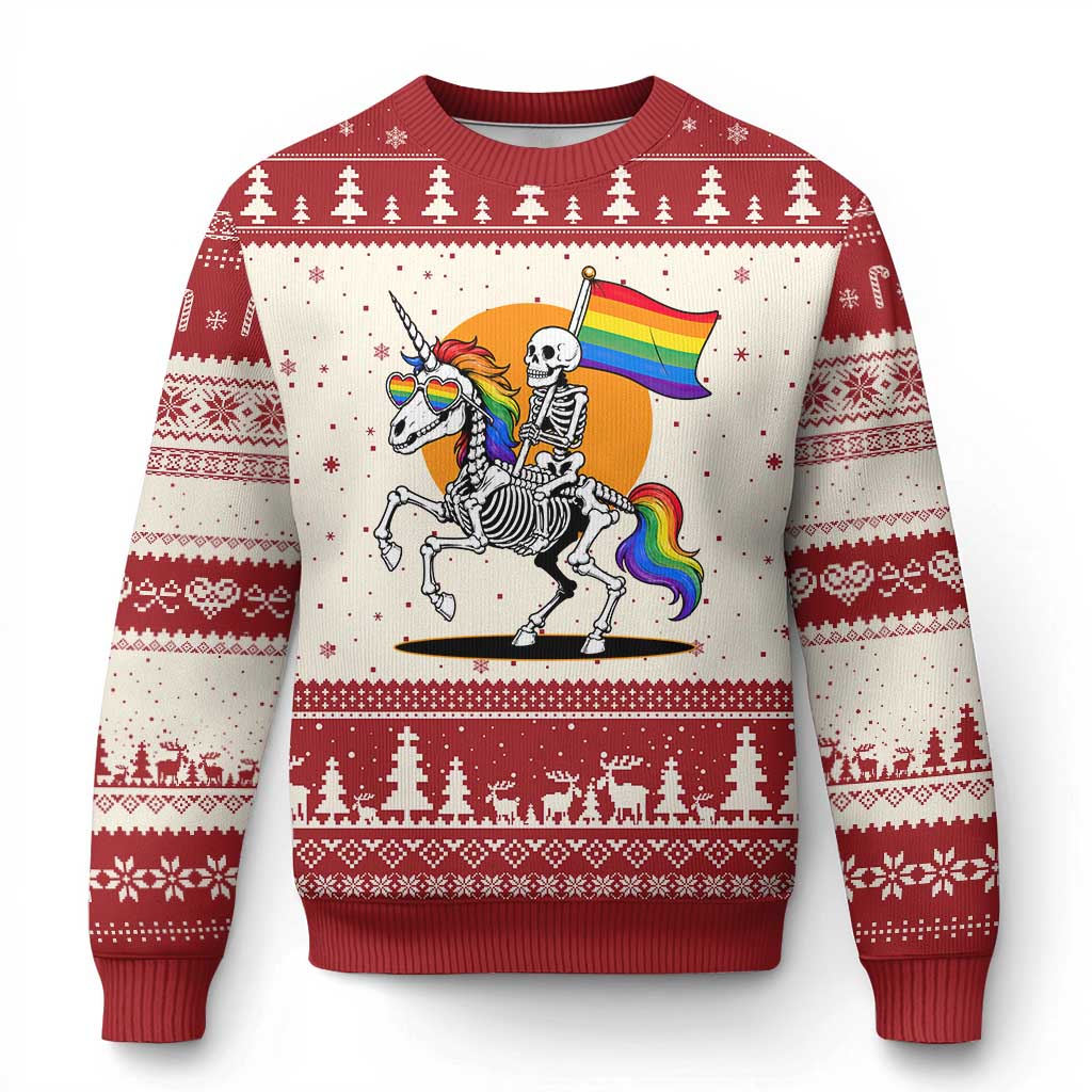 Funny Skeleton Riding Unicorn LGBTQ Pride Ugly Christmas Sweater Rainbow Fantasy Graphic