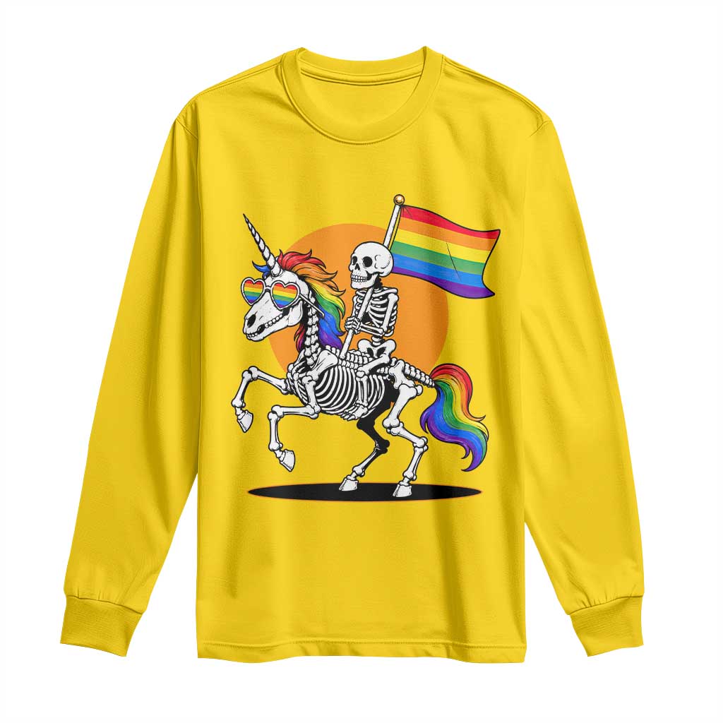 Funny Skeleton Riding Unicorn LGBTQ Pride Long Sleeve Shirt Rainbow Fantasy Graphic
