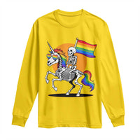 Funny Skeleton Riding Unicorn LGBTQ Pride Long Sleeve Shirt Rainbow Fantasy Graphic