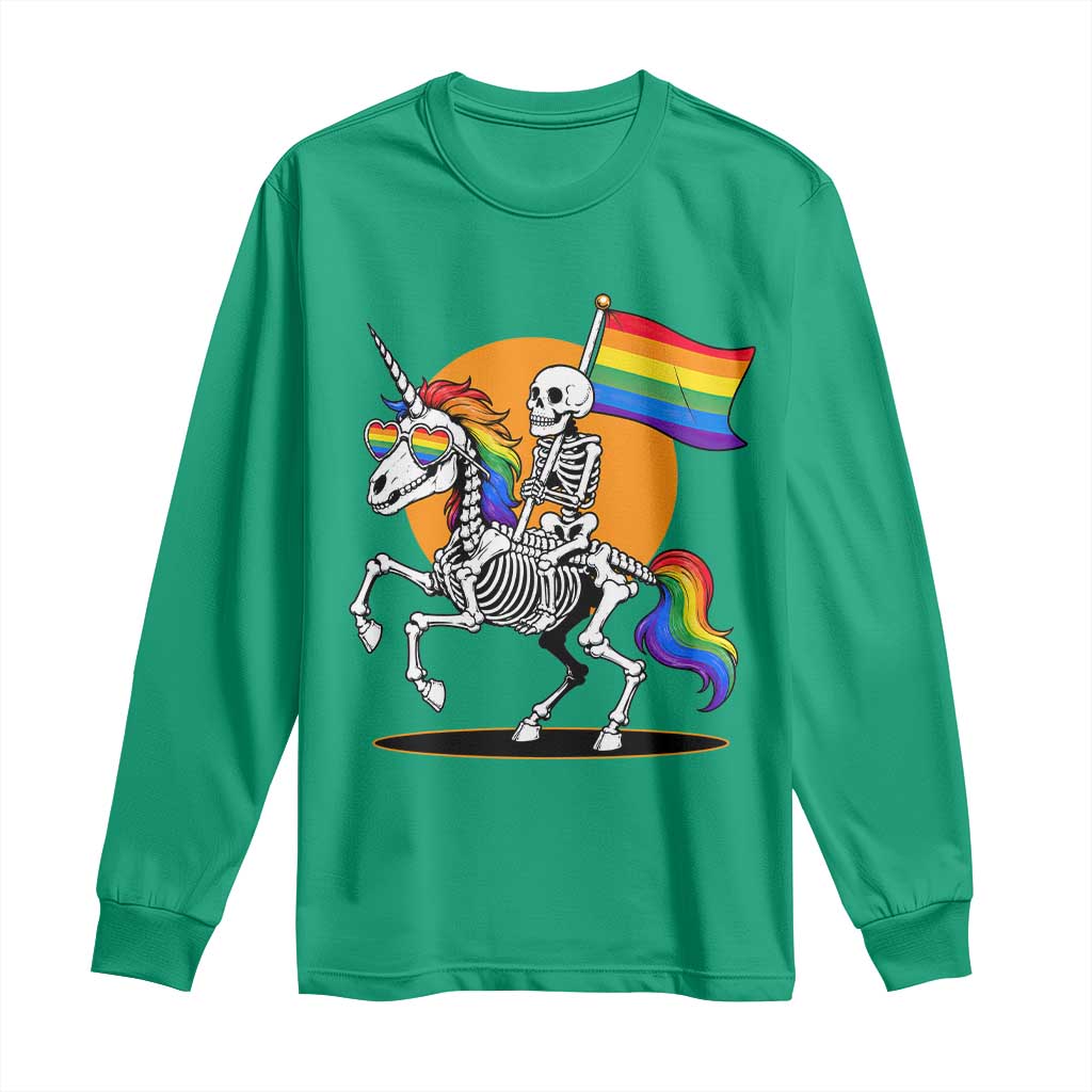 Funny Skeleton Riding Unicorn LGBTQ Pride Long Sleeve Shirt Rainbow Fantasy Graphic