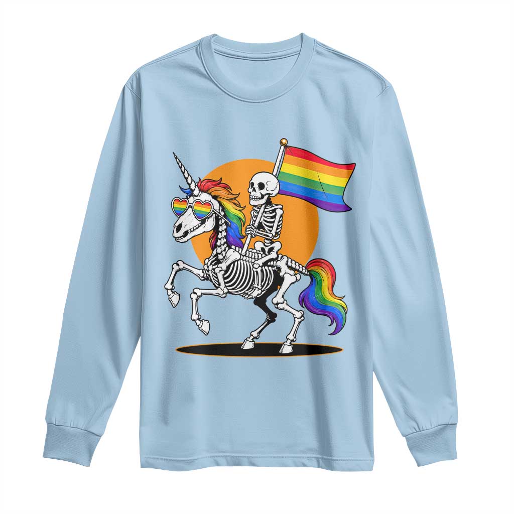Funny Skeleton Riding Unicorn LGBTQ Pride Long Sleeve Shirt Rainbow Fantasy Graphic