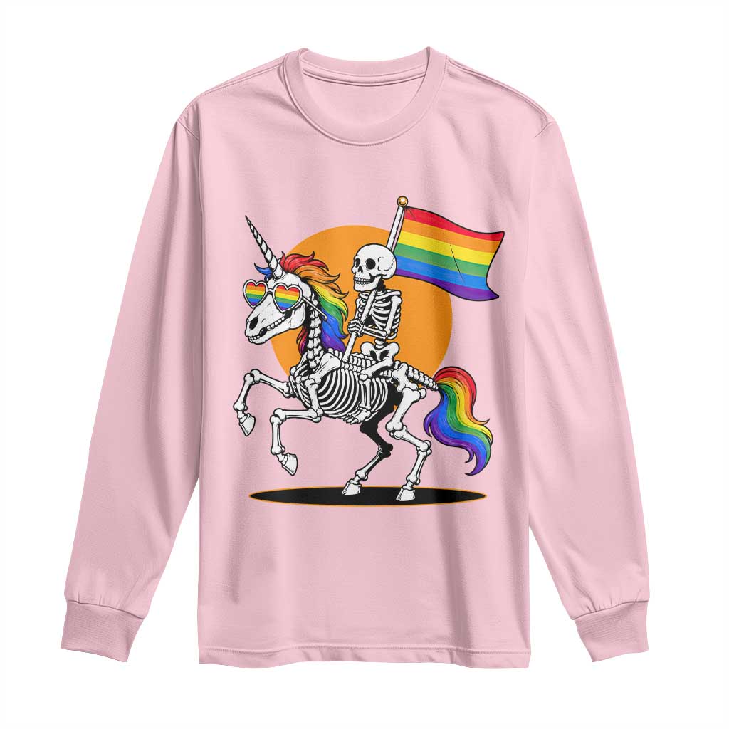 Funny Skeleton Riding Unicorn LGBTQ Pride Long Sleeve Shirt Rainbow Fantasy Graphic