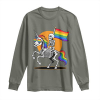 Funny Skeleton Riding Unicorn LGBTQ Pride Long Sleeve Shirt Rainbow Fantasy Graphic