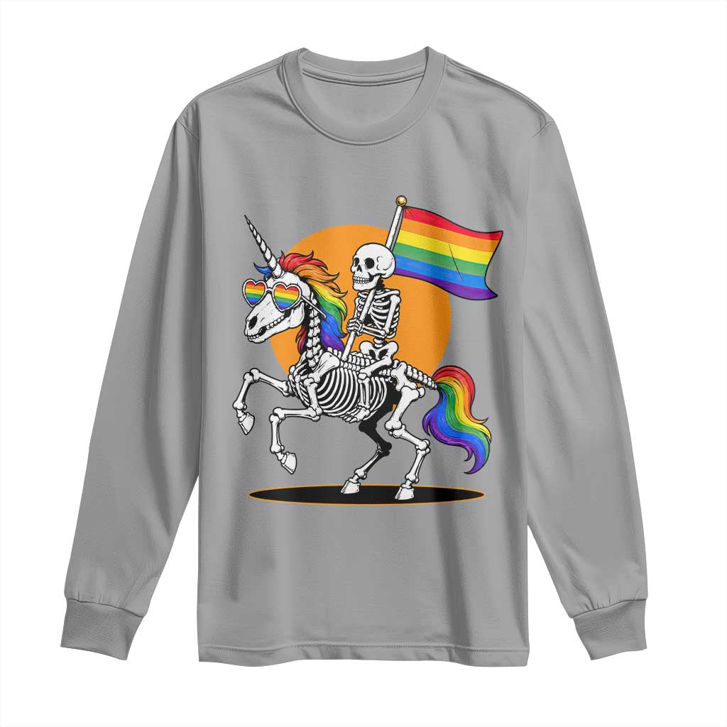 Funny Skeleton Riding Unicorn LGBTQ Pride Long Sleeve Shirt Rainbow Fantasy Graphic