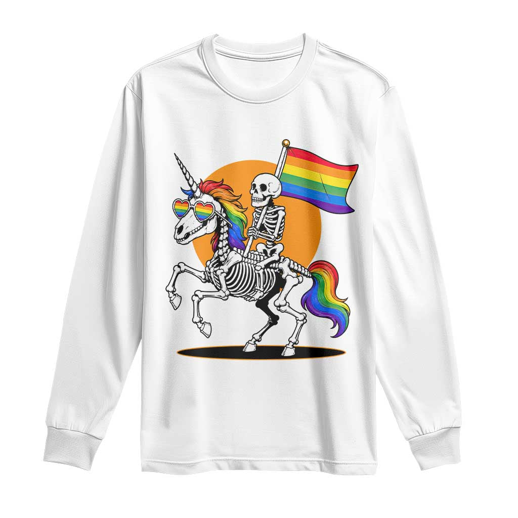Funny Skeleton Riding Unicorn LGBTQ Pride Long Sleeve Shirt Rainbow Fantasy Graphic