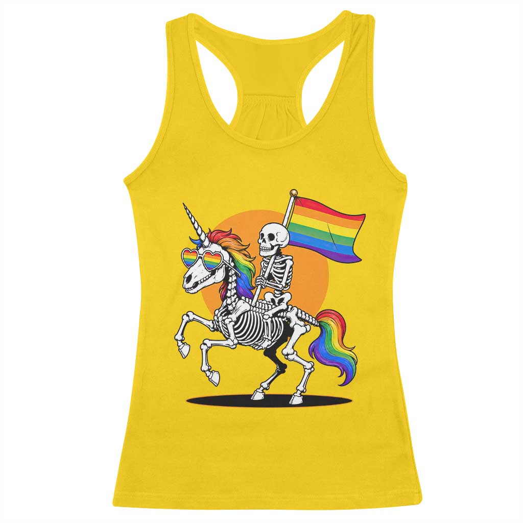 Funny Skeleton Riding Unicorn LGBTQ Pride Racerback Tank Top Rainbow Fantasy Graphic