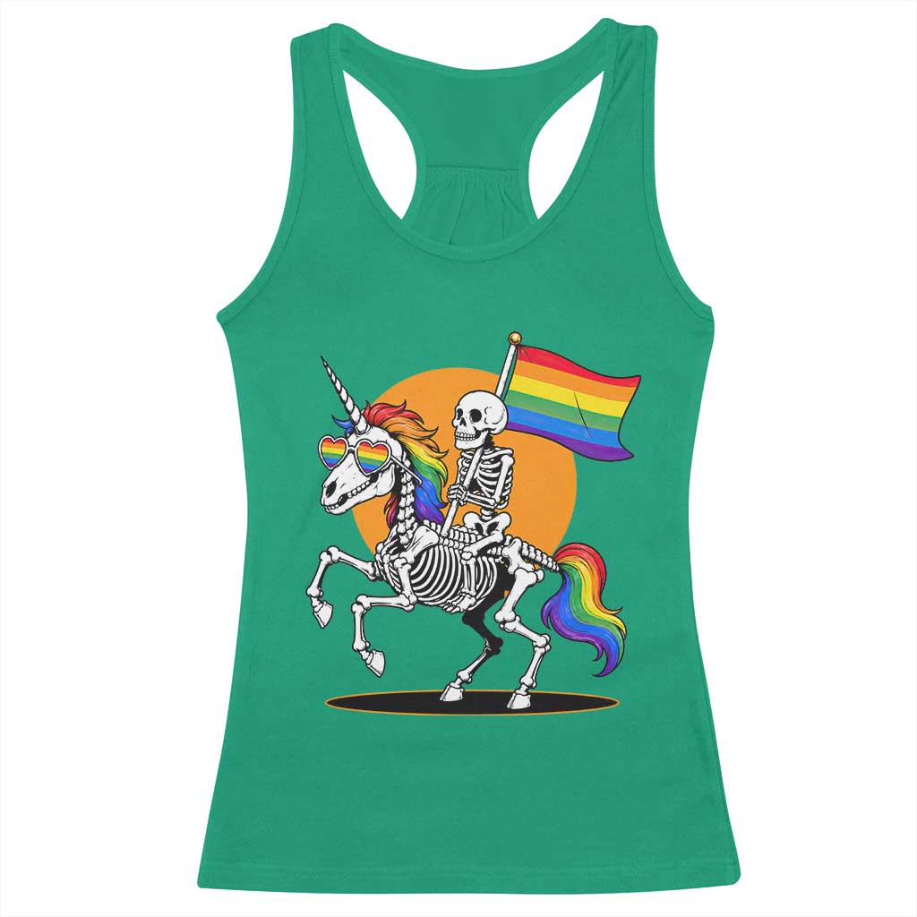 Funny Skeleton Riding Unicorn LGBTQ Pride Racerback Tank Top Rainbow Fantasy Graphic