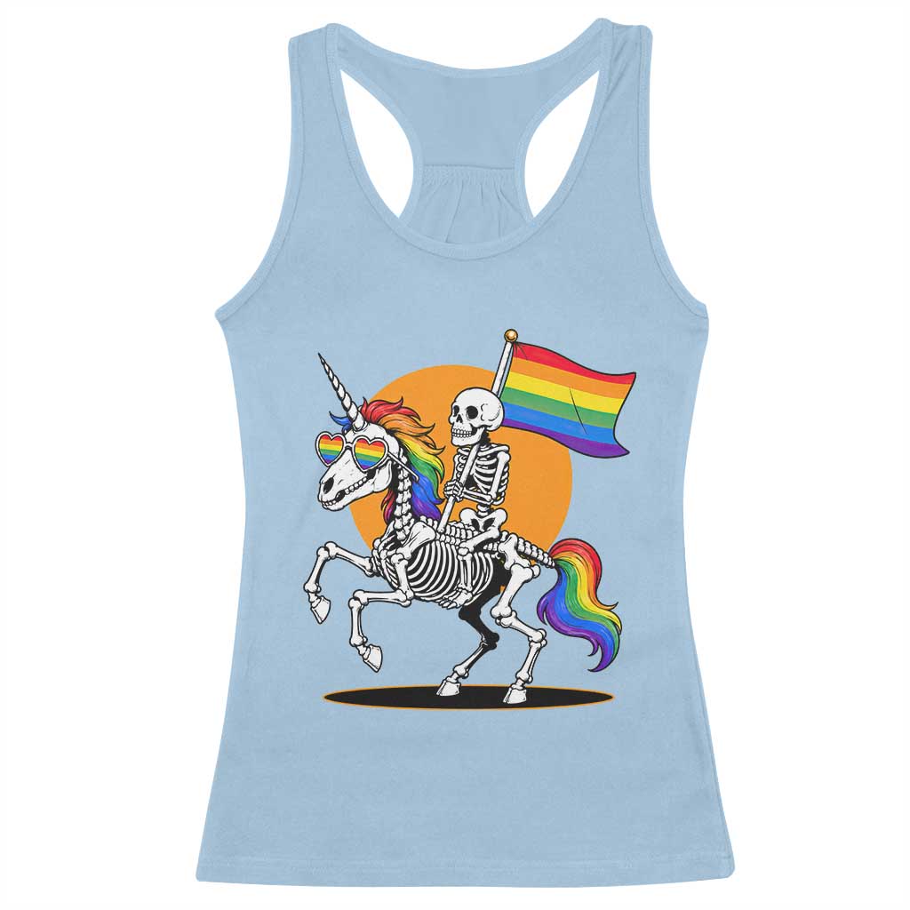 Funny Skeleton Riding Unicorn LGBTQ Pride Racerback Tank Top Rainbow Fantasy Graphic