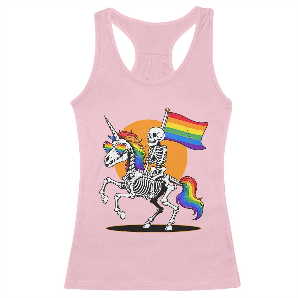 Funny Skeleton Riding Unicorn LGBTQ Pride Racerback Tank Top Rainbow Fantasy Graphic