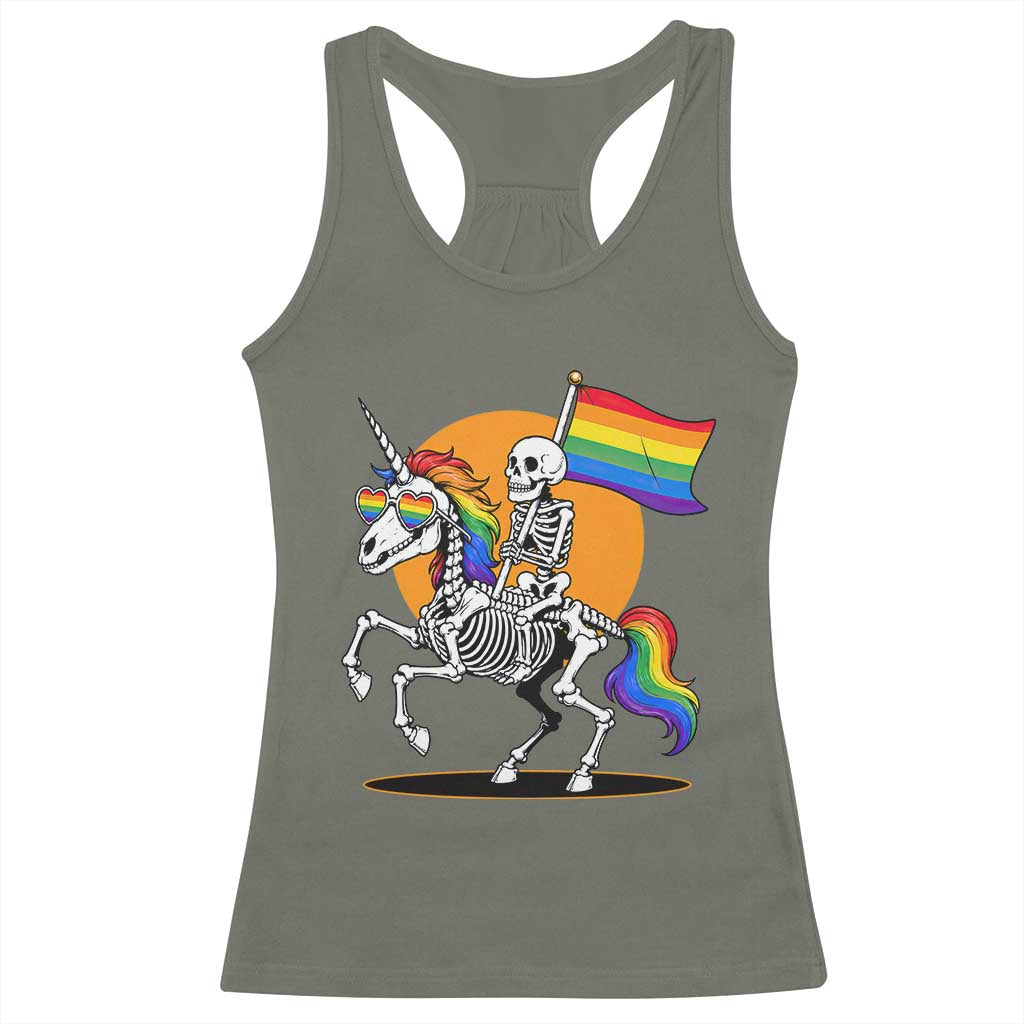 Funny Skeleton Riding Unicorn LGBTQ Pride Racerback Tank Top Rainbow Fantasy Graphic